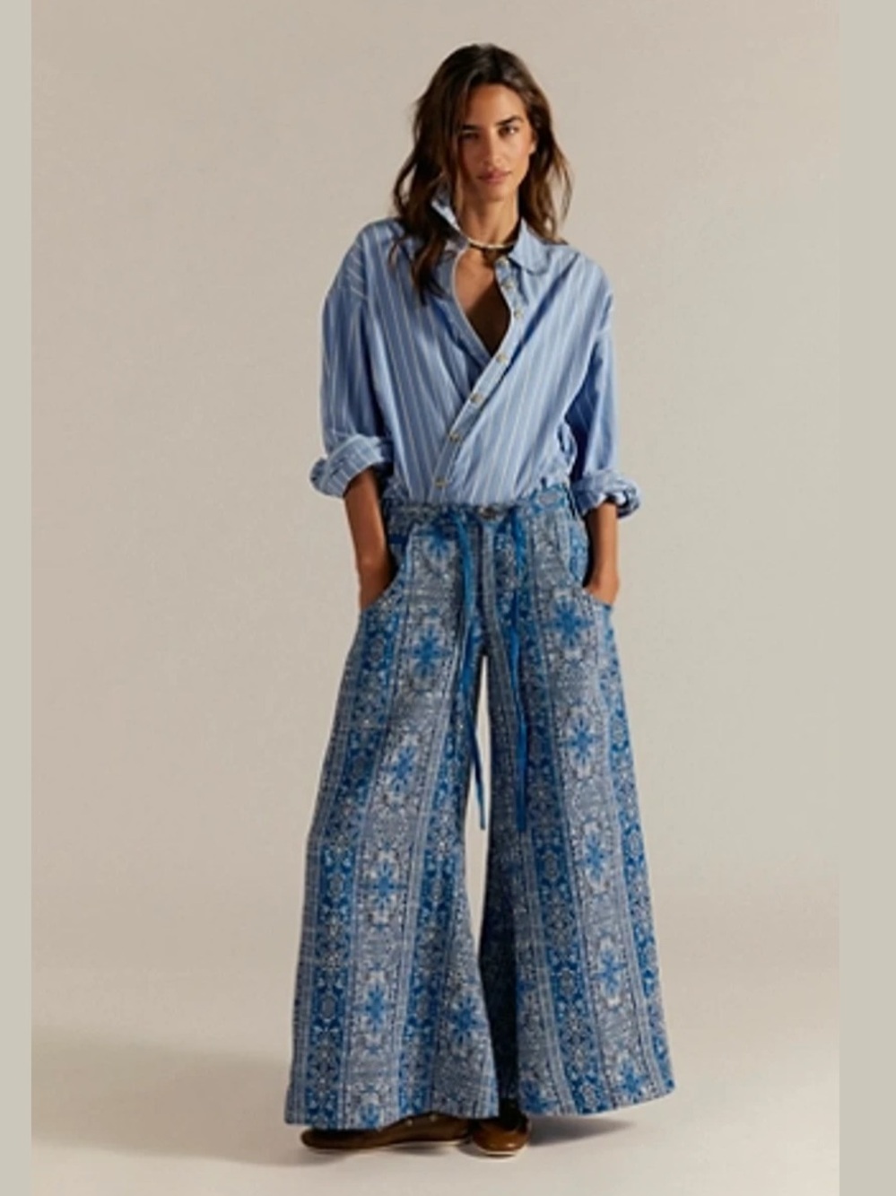 NWT Free People Dahlia Wide Leg Pant-Blue Combo